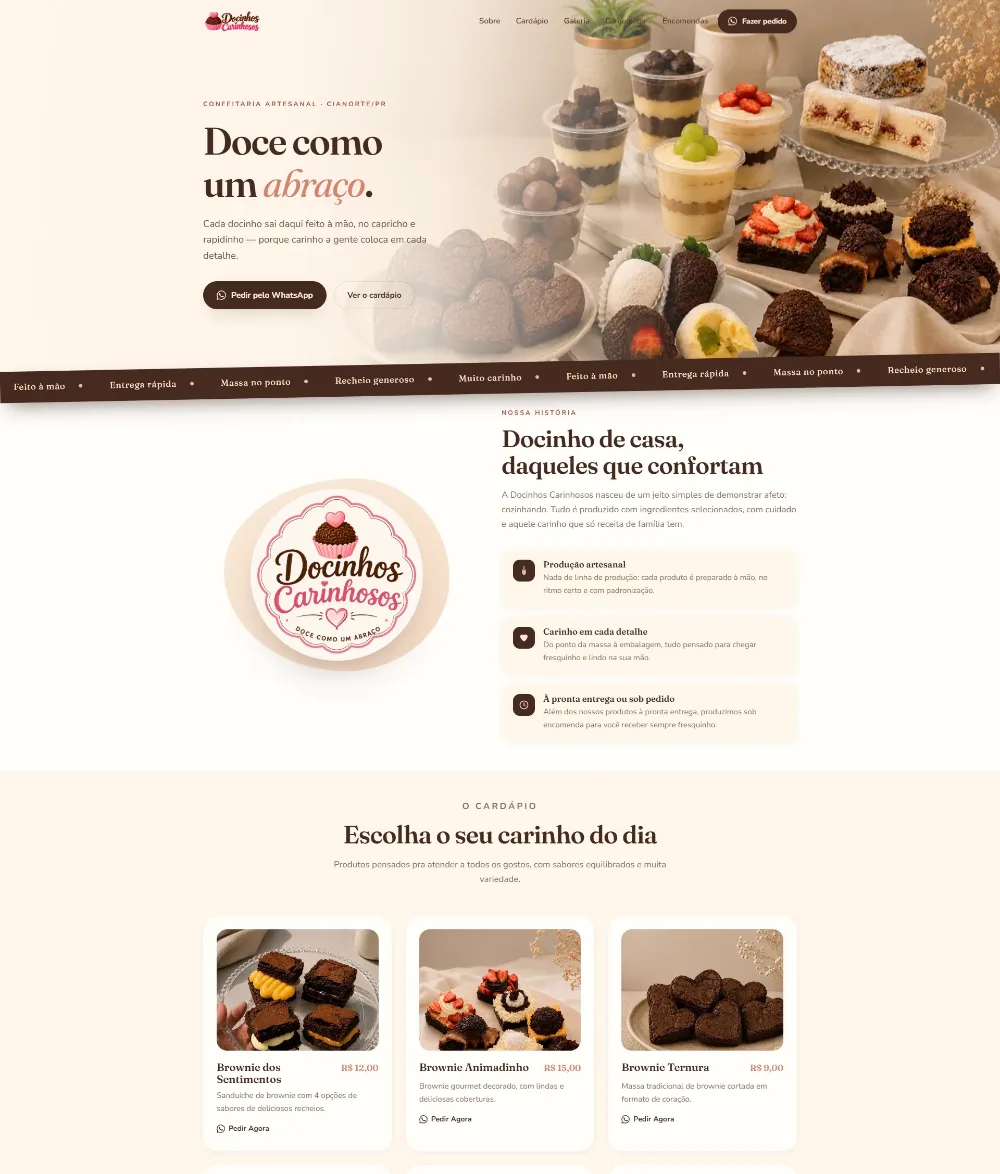 Docinhos Carinhosos — sitio web para una marca de dulces artesanales, diseñado y desarrollado por Afterdiv